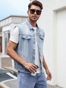 Manfinity Homme Men Cotton Flap Detail Denim Vest Jacket - Light Wash - View 4