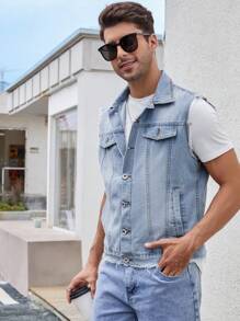 Manfinity Homme Men Cotton Flap Detail Denim Vest Jacket - Light Wash - View 7