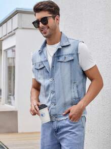 Manfinity Homme Men Cotton Flap Detail Denim Vest Jacket - Light Wash - View 8