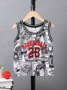 SHEIN Toddler Boys Pop Art Print Striped Trim Basketball Jersey - Black and White - View 1