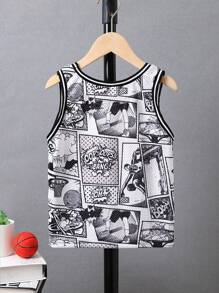 SHEIN Toddler Boys Pop Art Print Striped Trim Basketball Jersey - Black and White - View 2