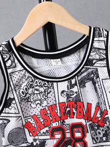 SHEIN Toddler Boys Pop Art Print Striped Trim Basketball Jersey - Black and White - View 3