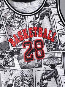 SHEIN Toddler Boys Pop Art Print Striped Trim Basketball Jersey - Black and White - View 4