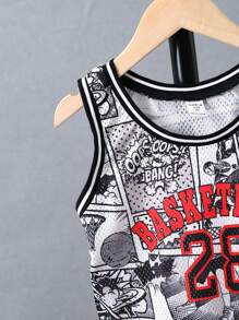 SHEIN Toddler Boys Pop Art Print Striped Trim Basketball Jersey - Black and White - View 5