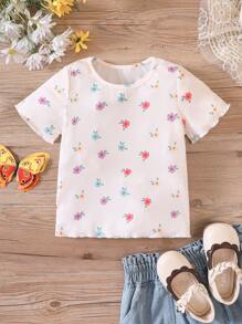 SHEIN 小女童印花木耳邊T恤 - 白色 - 查看 1