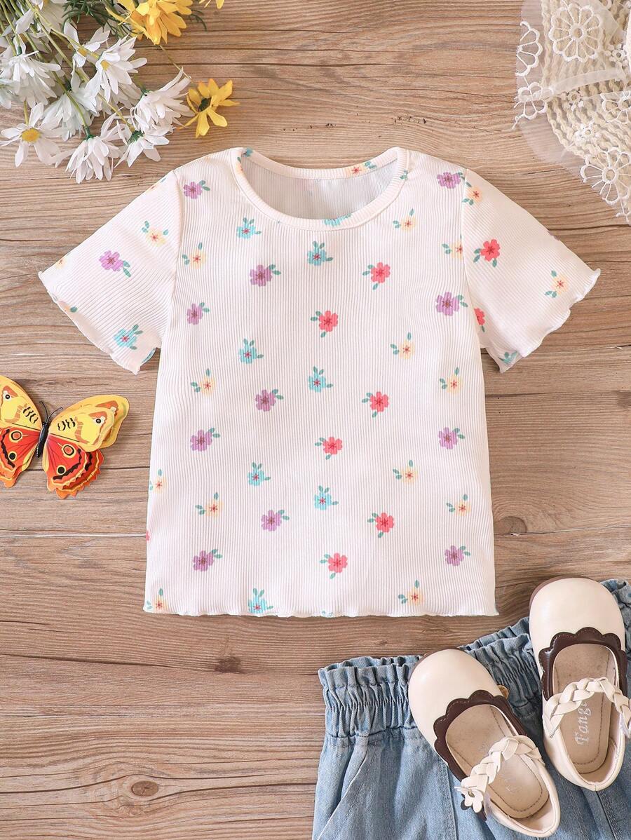 SHEIN 小女童印花木耳邊T恤 - 白色 - 查看 1