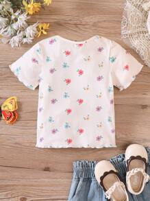 SHEIN 小女童印花木耳邊T恤 - 白色 - 查看 2