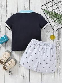 小男童翅膀印花拼接邊POLO衫和短褲