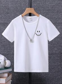 SHEIN Tween女孩表情印花短袖t恤（不包含項鍊） - 白色 - 查看 1