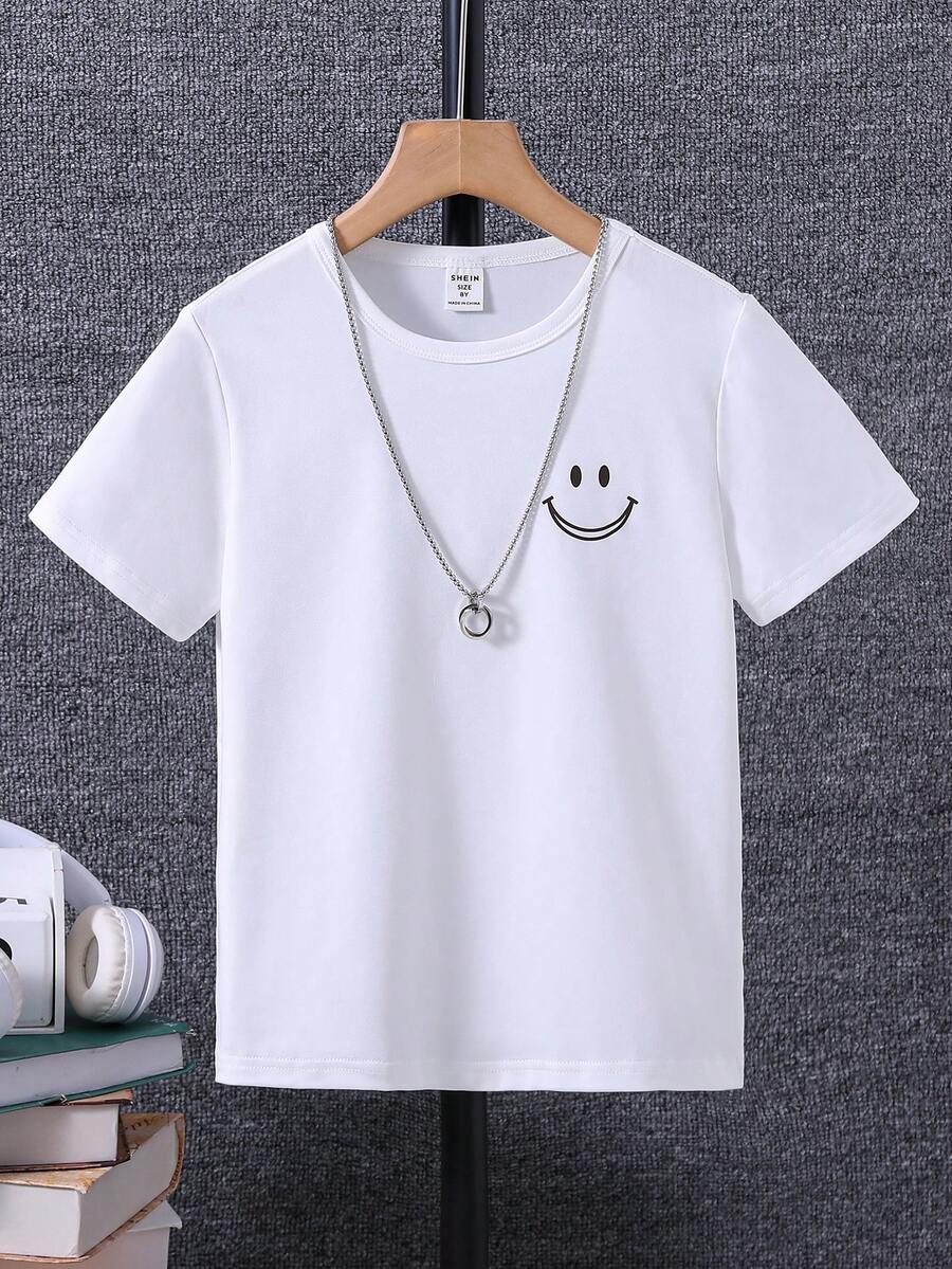 SHEIN Tween女孩表情印花短袖t恤（不包含項鍊） - 白色 - 查看 1