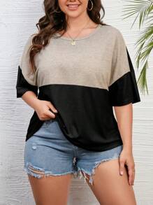 SHEIN LUNE Plus Colourblock Drop Shoulder Tee - Khaki - View 3