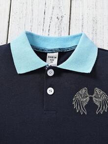 小男童翅膀印花拼接邊POLO衫和短褲