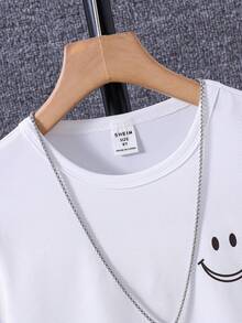 SHEIN Tween女孩表情印花短袖t恤（不包含項鍊） - 白色 - 查看 3