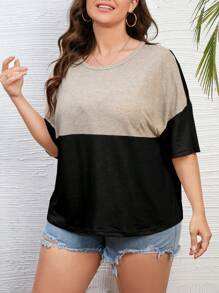 SHEIN LUNE Plus Colourblock Drop Shoulder Tee - Khaki - View 5