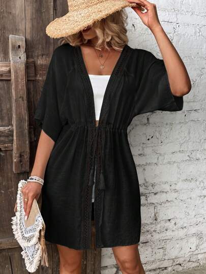 Breezaya كيمونو دانتيل متباين اللون رباط خصر اكمام جناح الخفاش