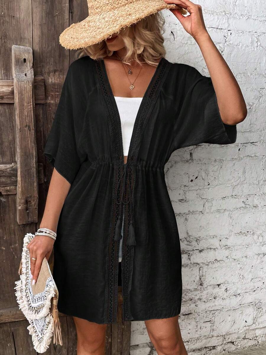 Breezaya Kimono Nữ Tương phản ren Dây kéo mép màu trơn - màu đen - Xem 1