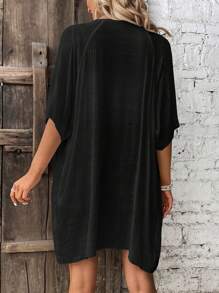 Breezaya Kimono Nữ Tương phản ren Dây kéo mép màu trơn - màu đen - Xem 2