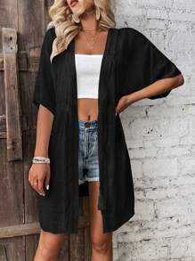 Breezaya Kimono Nữ Tương phản ren Dây kéo mép màu trơn - màu đen - Xem 3