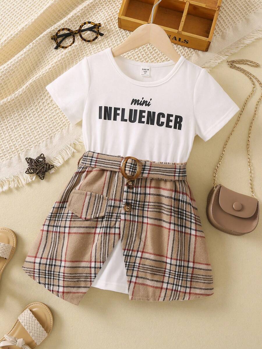 SHEIN 小女童格紋&字母圖案不對稱下擺腰帶假兩件連衣裙 - 彩色 - 查看 1