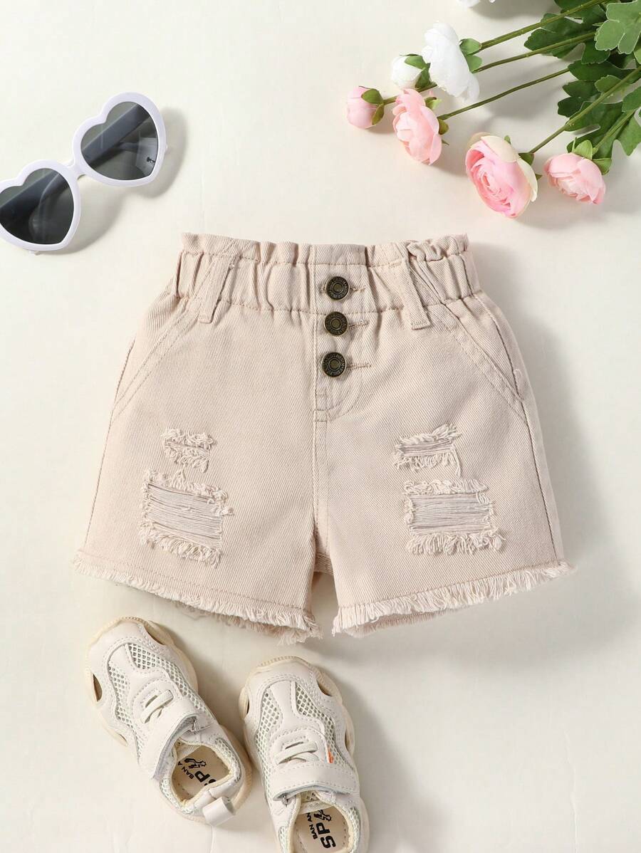 Đứa bé gái Rách Raw Hem Nếp gấp cao eo Quần short Denim - Màu Khaki - Xem 1