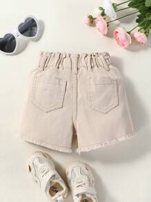 Đứa bé gái Rách Raw Hem Nếp gấp cao eo Quần short Denim - Màu Khaki - Xem 2