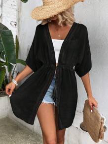 Breezaya Kimono Nữ Tương phản ren Dây kéo mép màu trơn - màu đen - Xem 6