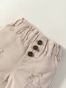 Đứa bé gái Rách Raw Hem Nếp gấp cao eo Quần short Denim - Màu Khaki - Xem 4