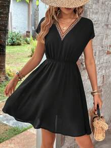 SHEIN LUNE Contrast Tape Batwing Sleeve Dress - Black - View 3