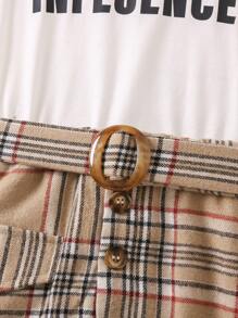 SHEIN 小女童格紋&字母圖案不對稱下擺腰帶假兩件連衣裙 - 彩色 - 查看 6