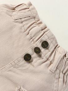 Đứa bé gái Rách Raw Hem Nếp gấp cao eo Quần short Denim - Màu Khaki - Xem 6