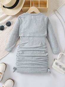 SHEIN 年輕女孩高低下擺T恤&褶邊吊帶連衣裙 - 淺灰色 - 查看 2