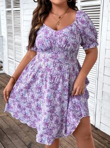 SHEIN Holidaya 波西米亞打褶花卉印花 全身印花加大洋裝 - 紫色 - 查看 2