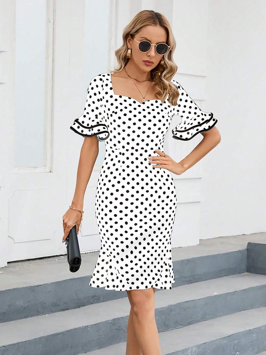 HOMEYEE 波點圖案荷葉袖荷葉邊連衣裙 - 白色 - 查看 1