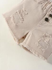 Đứa bé gái Rách Raw Hem Nếp gấp cao eo Quần short Denim - Màu Khaki - Xem 7