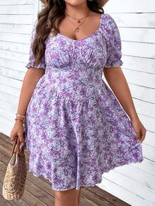 SHEIN Holidaya 波西米亞打褶花卉印花 全身印花加大洋裝 - 紫色 - 查看 4