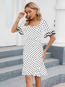 HOMEYEE 波點圖案荷葉袖荷葉邊連衣裙 - 白色 - 查看 7