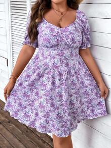 SHEIN Holidaya 波西米亞打褶花卉印花 全身印花加大洋裝 - 紫色 - 查看 1