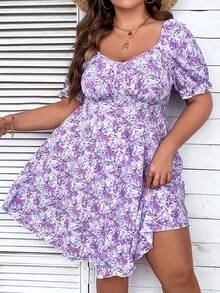 SHEIN Holidaya 波西米亞打褶花卉印花 全身印花加大洋裝 - 紫色 - 查看 7