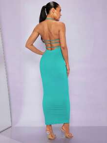 SHEIN BAE Solid Backless Halter Neck Bodycon Dress - Mint Blue - View 2