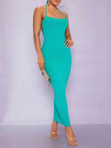SHEIN BAE Solid Backless Halter Neck Bodycon Dress - Mint Blue - View 1