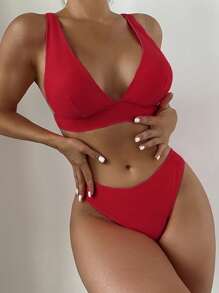 SHEIN Swim Summer Beach Plain V Neck Bikini Set - Red - View 1