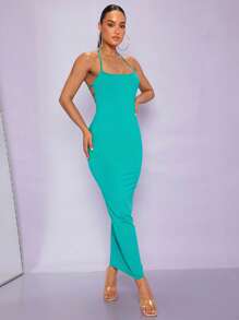 SHEIN BAE Solid Backless Halter Neck Bodycon Dress - Mint Blue - View 3