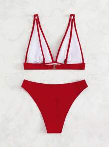 SHEIN Swim Summer Beach Plain V Neck Bikini Set - Red - View 2