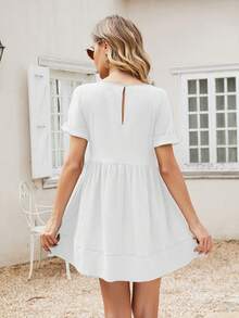 HOMEYEE Vestido smock unicolor de cuello V - Blanco - Ver 2