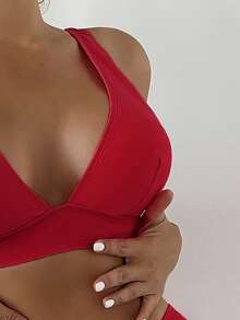 SHEIN Swim Summer Beach Plain V Neck Bikini Set - Red - View 3