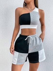 SHEIN MOOSTA 撞色單肩短款上衣和腰部抽繩短褲 - 彩色 - 查看 1