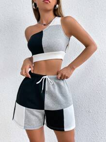 SHEIN MOOSTA 撞色單肩短款上衣和腰部抽繩短褲 - 彩色 - 查看 4