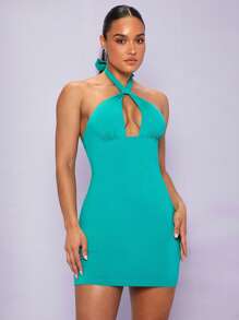 SHEIN BAE Solid Halter Neck Backless Dress - Cadet Blue - View 1