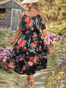 SHEIN Clasi Vestido con estampado floral de hombros descubiertos ribete con fruncido - Multicolor - Ver 1