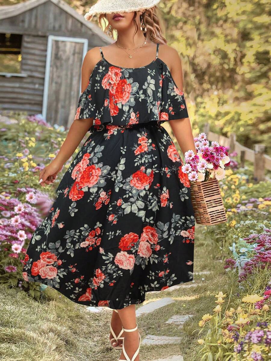 SHEIN Clasi Vestido con estampado floral de hombros descubiertos ribete con fruncido - Multicolor - Ver 1